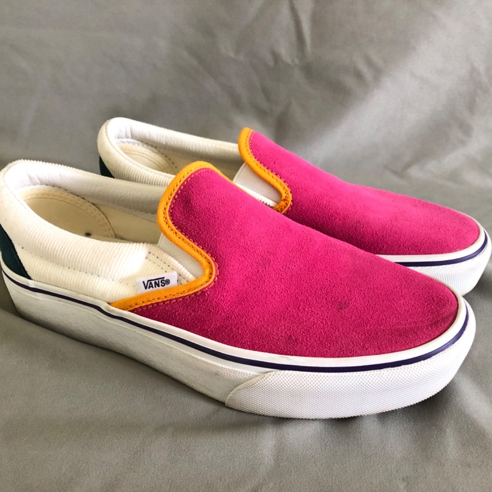 Retro Pink, White, Blue, and Orange Slip-On Vans